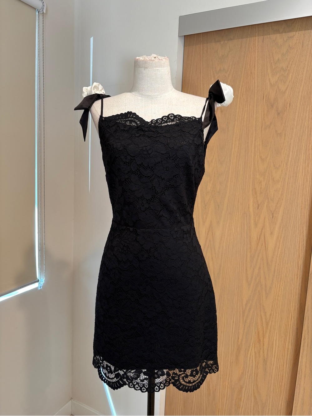 NWT For Love And Lemons Black Lace Mini Dress with White Floral Accents Sz Small